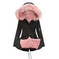 Women's Winter Jacket, Thick Parka Jacket, Plain Simplicity Winter Warm Long Jacket, Women's Winter Coat, Quilted Coat with Removable Faux Fur Hood, Black + Pink, M
