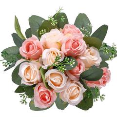 Primrue 17Pcs Artificial Rose Flowers, 12 Silk Fake Flowers Rose & 5 Artificial Eucalyptus Leaves Stems In Bulk in Pink | Wayfair