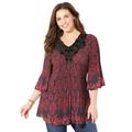 Plus Size Women's Velvet Trim Pleated Blouse by Catherines in Pink Black Paisley Print (Size 5X)