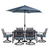 Hanover Montclair 7-Piece Dining Set in Ocean Blue with 6 Swivel Rockers, 40-In. x 66-In. Dining Table and 9-Ft. Umbrella