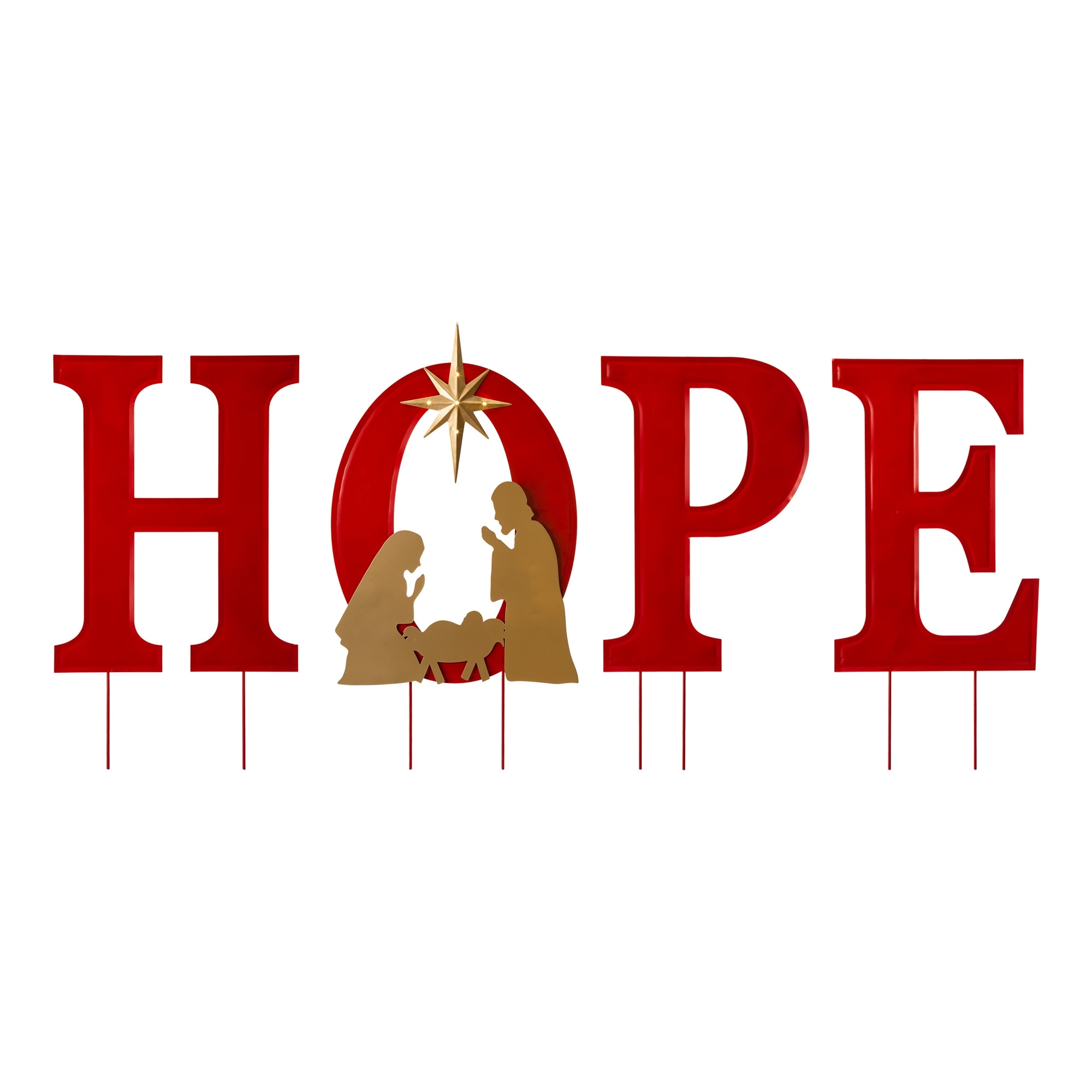 Glitzhome 32"H Lighted Metal HOPE Sign Christmas Yard Stake Wall Decor with Timer (3 Functions) - Red