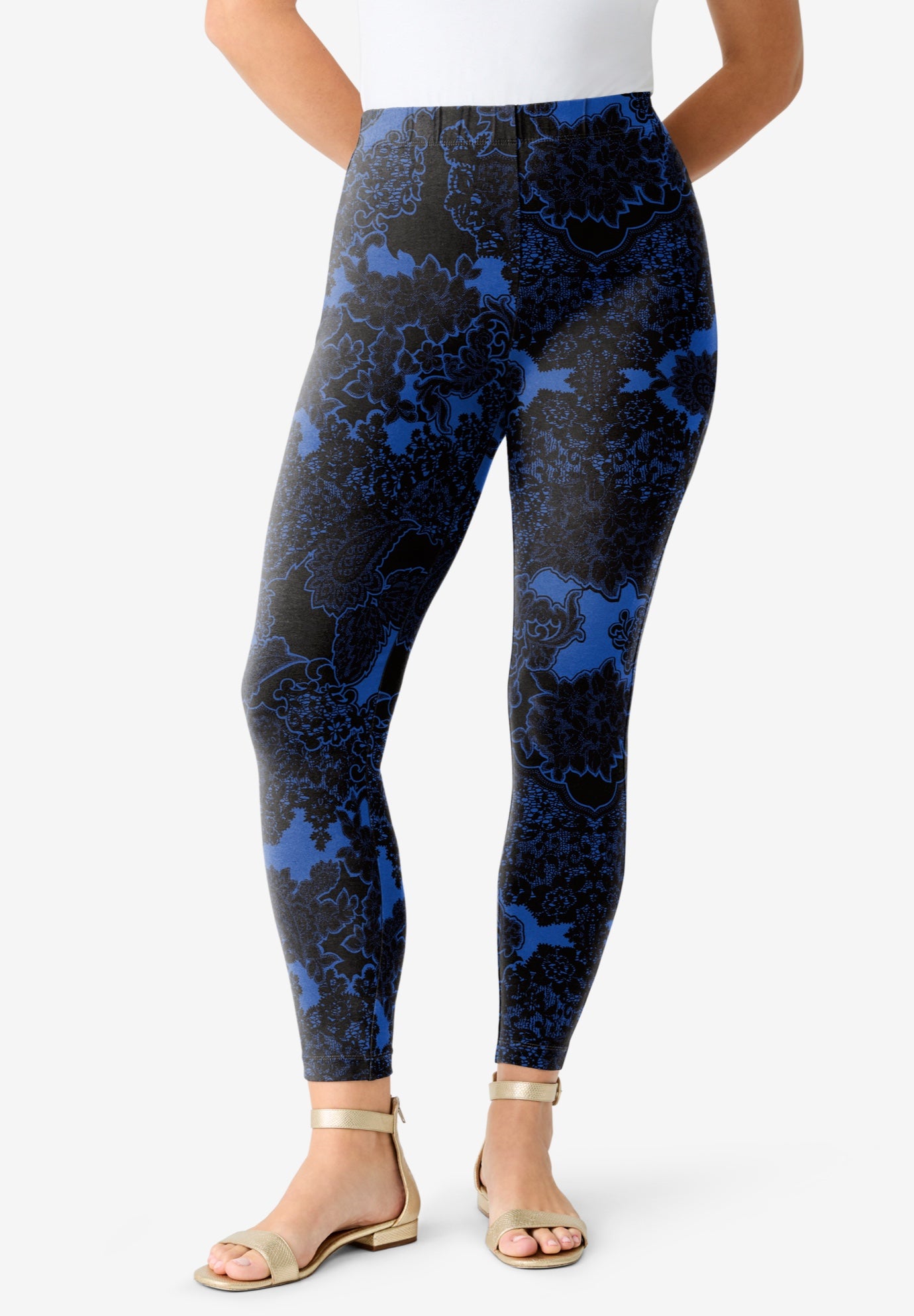 Plus Size Women's Plus Size Ankle Length Essential Stretch Legging by Roaman's in Vivid Blue Lace (Size M) Activewear Workout Yoga Pants