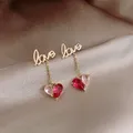 Boucles d'oreilles romantiques en cristal rouge rose avec pendentif en forme de cœur pour femme