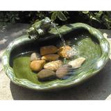 Green Glazed Ceramic Fountain Bird Bath with Frog and Solar Pump - 14.6W x 7.1D x 5H in.