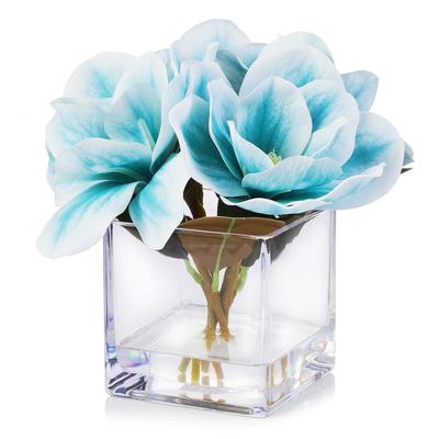 Enova Home Artificial Real Touch Magnolia Faux Flowers Arrangement in Cube Glass Vase with Faux Water Home Wedding Decoration