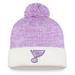 Men's Fanatics Branded White/Purple St. Louis Blues 2022 Hockey Fights Cancer Authentic Pro Cuffed Knit Hat with Pom