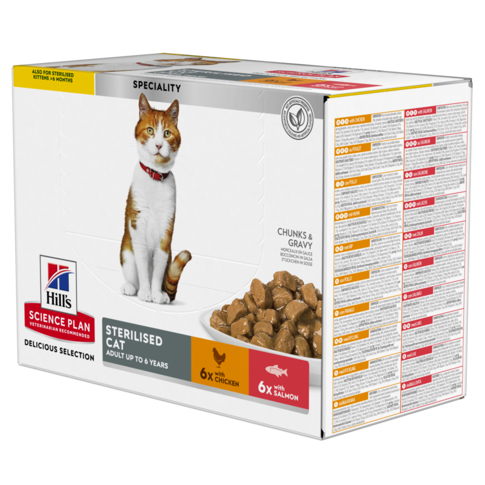 Hill's Science Plan Sterilised Cat Adult 1-6 Pollo - integrazione: 12x85g Hill's Science Plan Young Adult Sterilised Pollo & Salmone