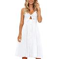 FANCYINN Womens Tie Front Dress Summer V-Neck Spaghetti Strap Dresses Button Down A-Line Midi Dress, White, XS