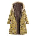 KUDICO Womens Winter Coat Jackets Warm Velvet Thicken Oversize Outwear Vintage Ethnic Style Print Zip Hooded Overcoats Yellow