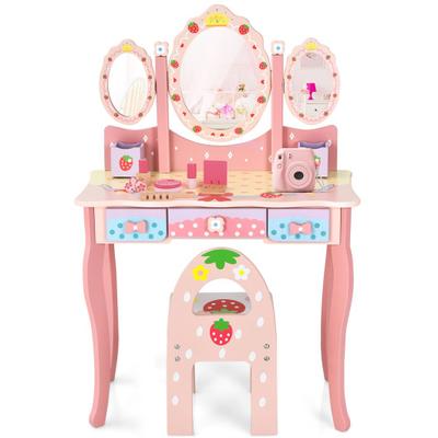 Costway Kids Vanity Princess Makeup Dressing Table Chair Set with Tri-fold Mirror-Pink