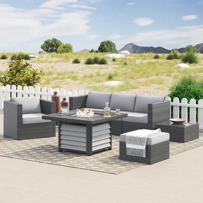 Corvus Kipling 7-piece Resin Wicker Patio Sectional Conversation Fire Pit Set