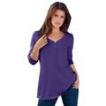 Plus Size Women's Long-Sleeve Henley Ultimate Tee with Sweetheart Neck by Roaman's in Midnight Violet (Size 3X) 100% Cotton Shirt