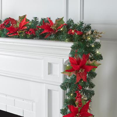 Pre-Lit Poinsettia 9' Garland by BrylaneHome in Red 9 foot Garland Christmas Decoration