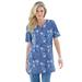 Plus Size Women's Print Notch-Neck Soft Knit Tunic by Roaman's in Dusty Indigo Painterly Bouquet (Size 1X) Short Sleeve T-Shirt