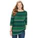 Plus Size Women's Perfect Printed Elbow-Sleeve Boatneck Tee by Woman Within in Emerald Green Patchwork Stripe (Size 18/20) Shirt