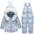 Little Kids Baby Girls Two Piece Winter Warm Polka Dots Puffer Down Hooded Ears Fur Trim Snowsuit Jacket with Snow Ski Bib Pants 2-3 Years Blue