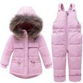 FAIRYRAIN Baby Kids Girls Boys Winter Warm 2pcs Hooded Fur Trim Zipper Pocket Snowsuit Puffer Down Jacket with Snow Ski Bib Pants Outfits Pink