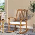August Grove® Skien Outdoor Rocking Solid Wood Chair w/ Cushions in Brown/White | 37.75 H x 24.75 W x 33.25 D in | Wayfair