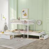 Wooden Twin over Twin L-shaped Bunk Bed with Two Drawers,White