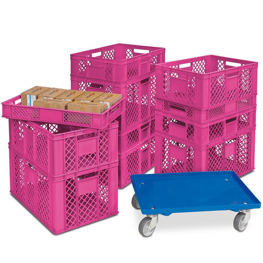 BRB Set mit 11 Euro-Stapelkästen / Bäckerkisten in 4 Größen, Grundmaß 600x400 mm, inkl. 1 Transportroller gratis. Image