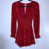 Free People Dresses | Free People Women's Xs Floral Mini Dress Two Faces Smocked Long Sleeves Red Boho | Color: Red | Size: Xs