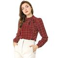 Allegra K Women's Bow Tie Neck Grid Checks Shirt Office Work Tops Blouses Red 20