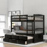 Twin over Twin Wood Bunk Bed with Trundle, Ladder and 3 Storage Drawers, Espresso