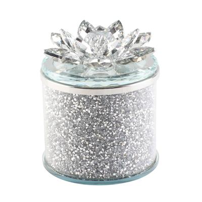 Shimmering Lotus Crystal Round Decorative Box - 5" - Silver and Clear