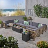 Malawi Outdoor 12-Piece U-Shaped Acacia Wood Sectional Sofa Set with Fire Pit by Christopher Knight Home