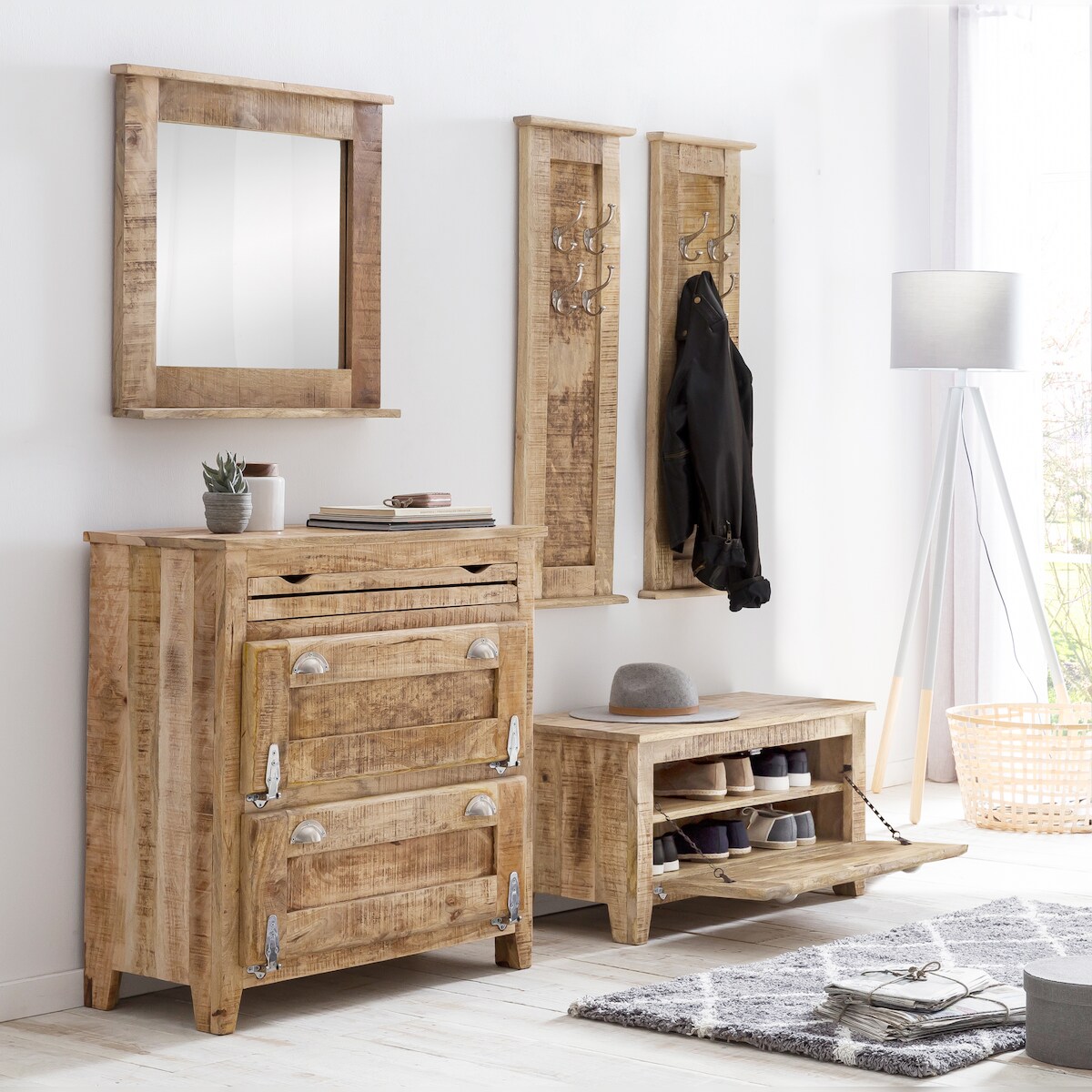 SIT Möbel Dielen-Set | 5-tlg. | massives Mangoholz lackiert natur | 2 Schuhschränke, 2 Paneele, 1 Spiegel | B 85 x T 40 x H 90 cm | 18001-00 Image