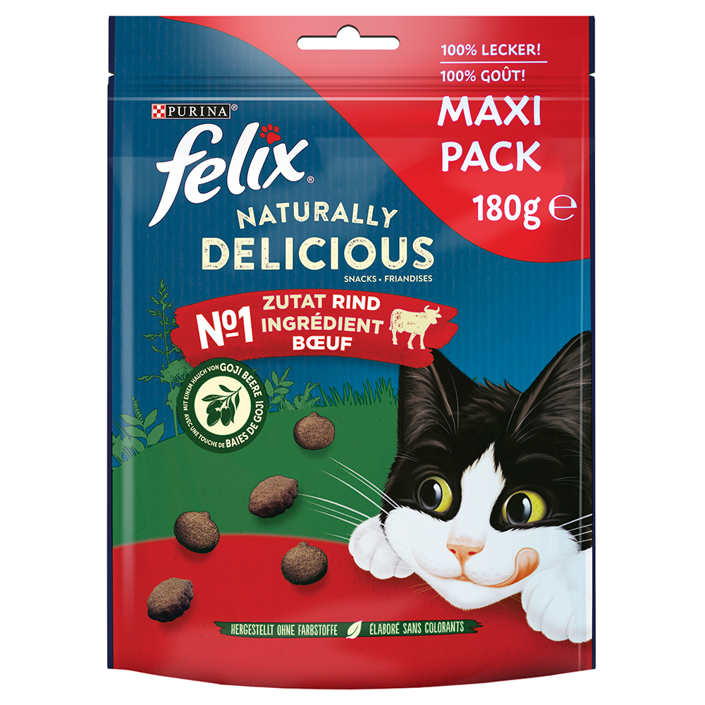 Felix Naturally Delicious Snack per gatti - Set %: 3 x 180 g Ricco in Manzo con un Tocco di Bacca di Goji
