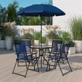 Wade Logan® Amlie Nantucket 6 Piece Patio Garden Set w/ Table, Umbrella & 4 Folding Chairs Glass/Metal in Blue | Wayfair