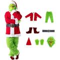 Christmas Adult Large Grinch Costume 7Pcs Xmas Furry Santa Suit Cosplay Fancy Dress Green Outfit With Mask Hat Belt Gloves Shoes Covers For Men Women (Color : Green, Size : XXXL)