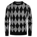 Mens Crew Neck Classic Knitted Jumper Diamond Pattern Long Sleeves Top Black Grey S