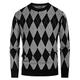 Mens Crew Neck Classic Knitted Jumper Diamond Pattern Long Sleeves Top Black Grey S