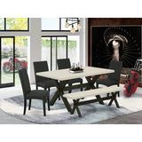 Red Barrel Studio® 6 - Person Acacia Solid Wood Dining Set Wood/Upholstered in White | 18" H x 15" W x 60" D,18" H x 60" W x 15" D | Wayfair