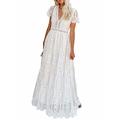BLENCOT Womens Long Maxi Dress Elegant Crochet Lace Deep V-Neck Short Sleeve White Lace Maxi Evening Dress Party 10