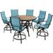 Hanover Monaco 7-Piece High-Dining Set in Blue with 6 Padded Counter-Height Swivel Chairs and a 56-In. Tile-Top Table