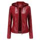 DISSA Women's Red Faux Leather Casual Jacket Short Fitted Zipper Jacket Hooded Autumn And Winter Coat,P6677,XXL
