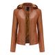 DISSA Women's Brown Faux Leather Casual Jacket Short Fitted Zipper Jacket Hooded Autumn And Winter Coat,P6677,M