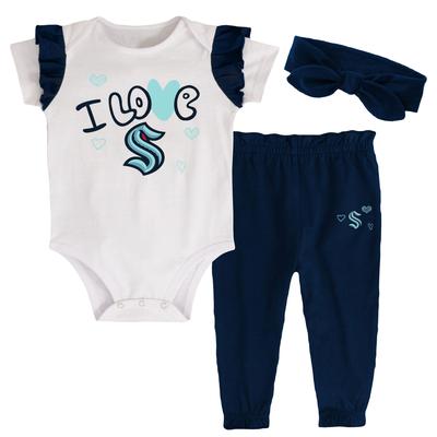 Mädchen Kleinkind Weiß/Tiefseeblau Seattle Kraken I Love Hockey Bodysuit Hose & Stirnband Set Image
