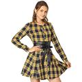 Allegra K Women's Christmas Costume Plaids Long Sleeves Button Down Belted Party Mini A-Line Shirt Dress Yellow 12