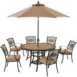 Hanover Monaco 7-Piece Dining Set in Tan with Six Dining Chairs, 60-in. Tile-Top Table and 9-Ft. Umbrella