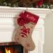 The Holiday Aisle® Bell Burlap w/ Custom Name Stocking Cotton/Burlap/Jute in Brown/Red | 17.5 H x 12 W in | Wayfair