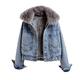 Denim jacket, women's oversize coat, plus velvet denim jacket with fur hood, parka, winter elegant with hood, winter coat, women's winter jacket, warm outerwear, denim coat., 03-light blue, M