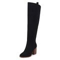 Womens Over The Knee Thigh High Boots Faux Suede Wide Calf Side Zipper Chunky Block Heel Stretch Boots, Black, 8 UK