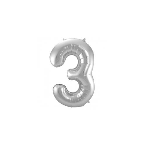 XL Folienballon Zahl 3 in silber, 86 cm, 1 Stück, Helium Ballon (unbefüllt) – Luftballon