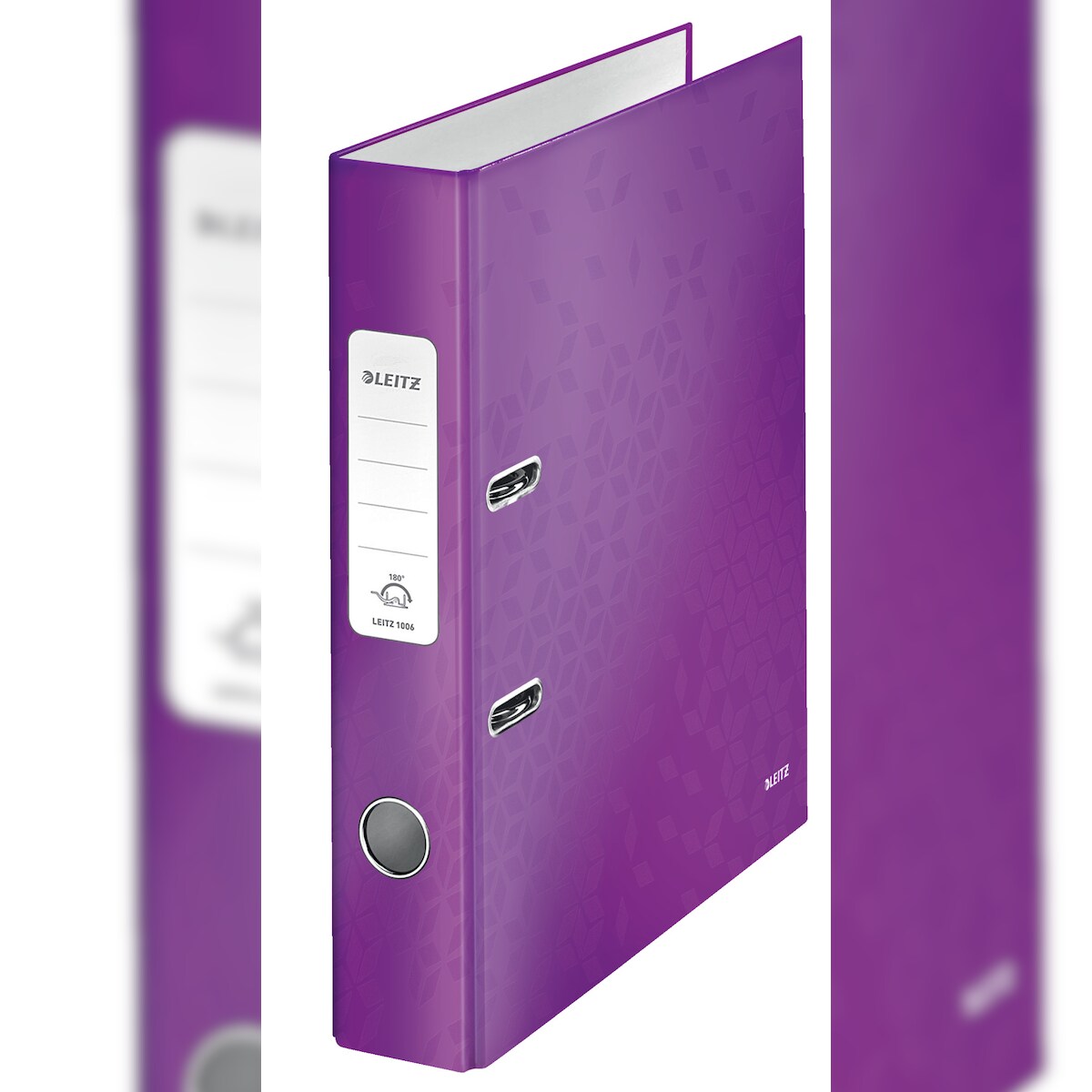 LEITZ Ordner WOW A4, 50mm Rücken, violett. Brillante WOW Farben. 180° Ordner Präzisionsmechanik. Aufgeklebtes Rückenschild. Maße: 318 x 285 mm. Image