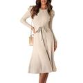 FEOYA Women's Fall Long Sleeve Casual Dress Crew Neck Bodycon Ruched Tie Waist Jumper Sweater Dress Solid Color Stylish Winter Dresses Cream Color-M