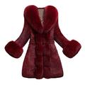 BUKINIE Womens Thicken Warm Winter Coat Luxury Elegant Parka Faux Fur Trimmed Open Front Long Cardigan Jacket Outwear Lady's Wedding Party Coats for Winter(Wine,L)